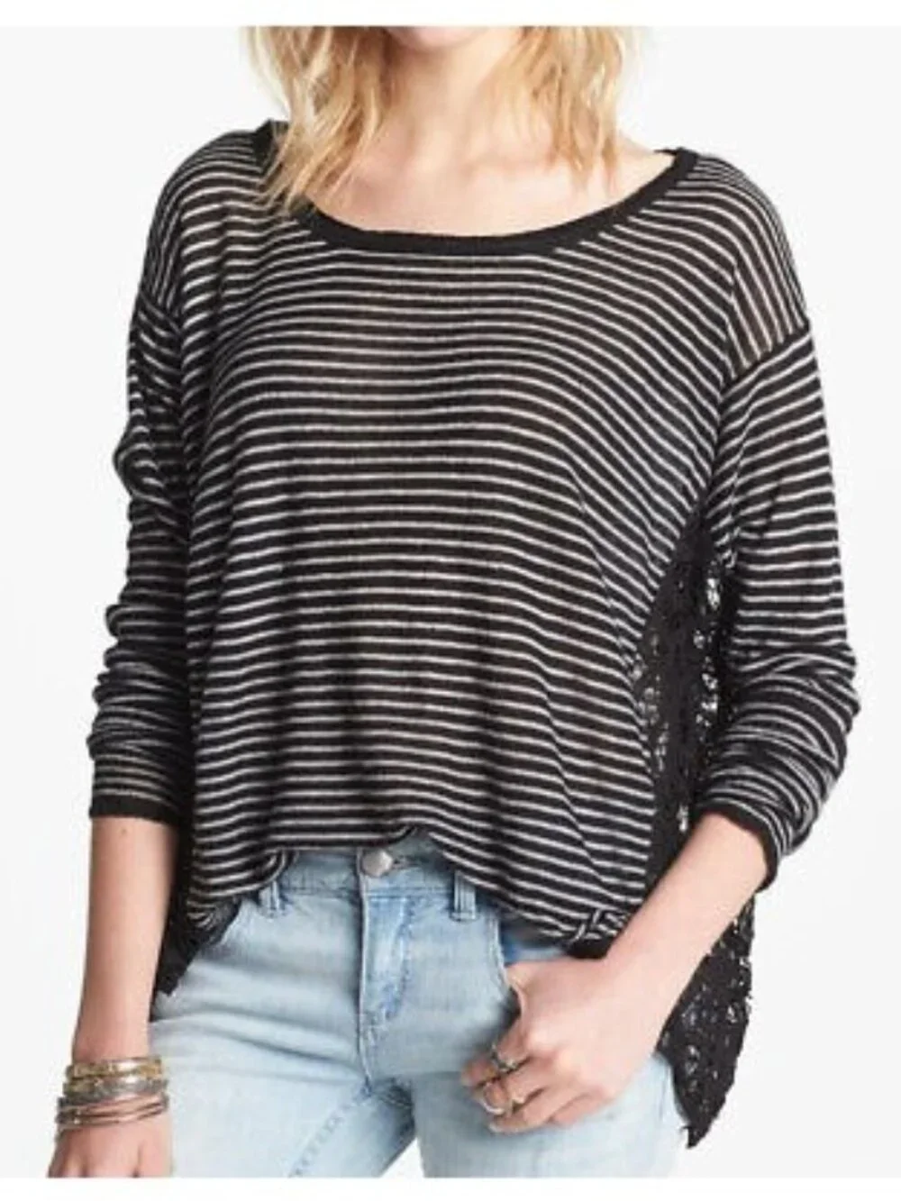 RARE NWT Free People Black Lace Inset Slouchy Linen Blend Top S| Boho Whimsigoth